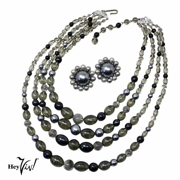 Vintage 4 Strand Silver Grey Bead Necklace ClipOn Earring Set Original Box Japan - Picture 1 of 7